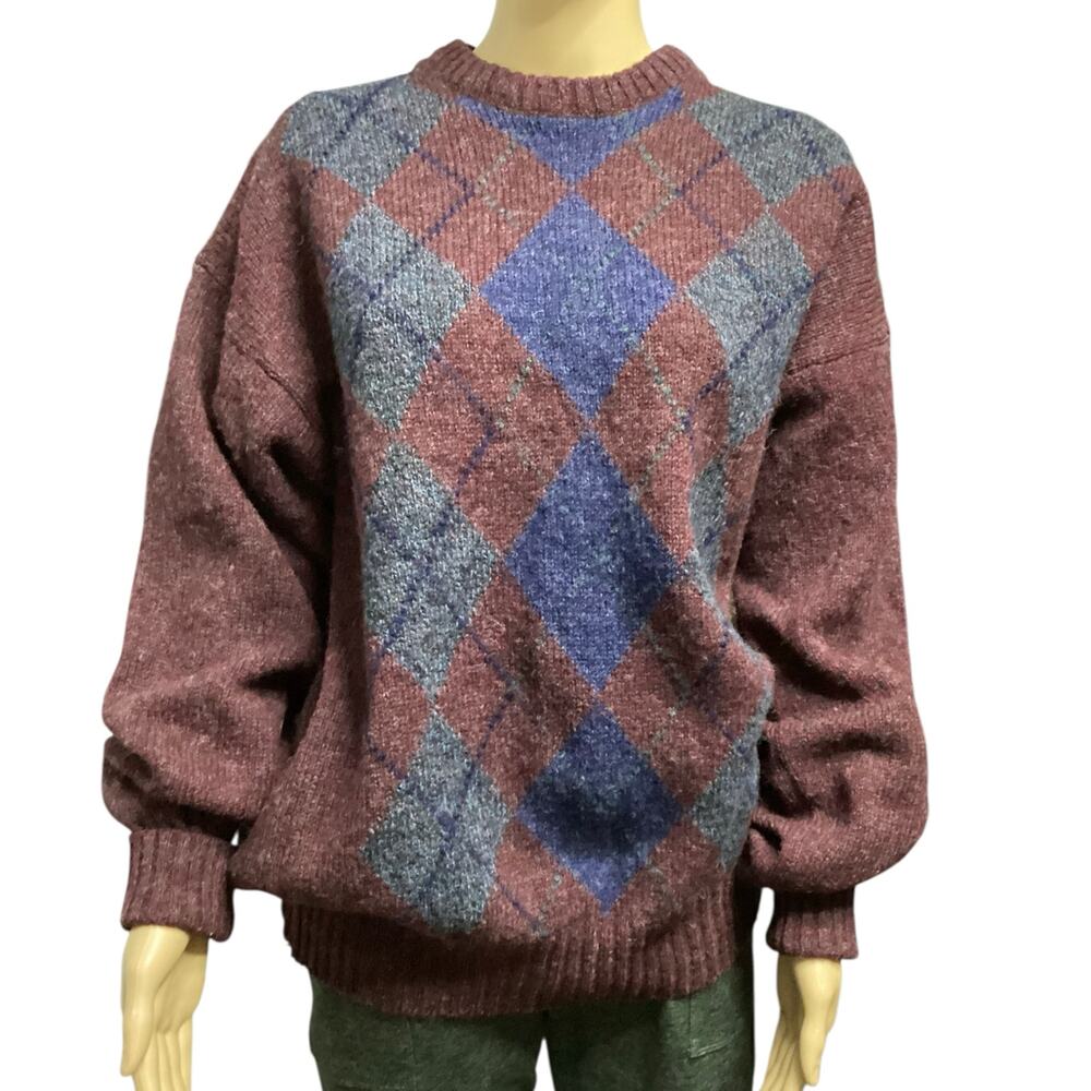 Vintage Christopher Hayes argyle Shetland wool sz L burgundy Ireland